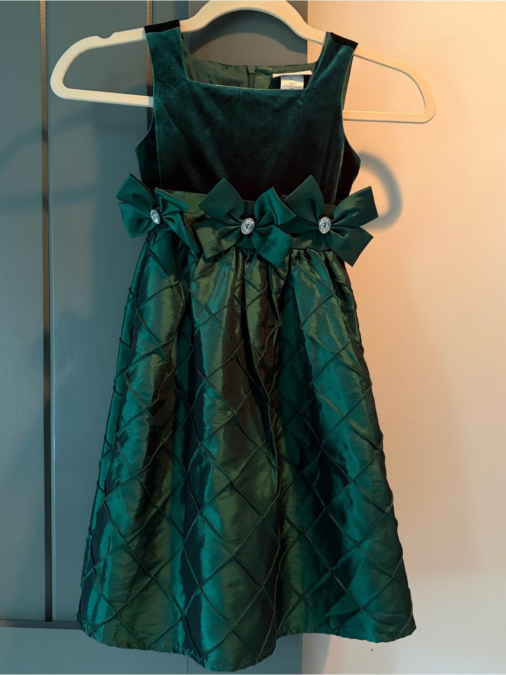 Sweet Heart Rose Emerald Green Satin and Velvet Bow Party Dress